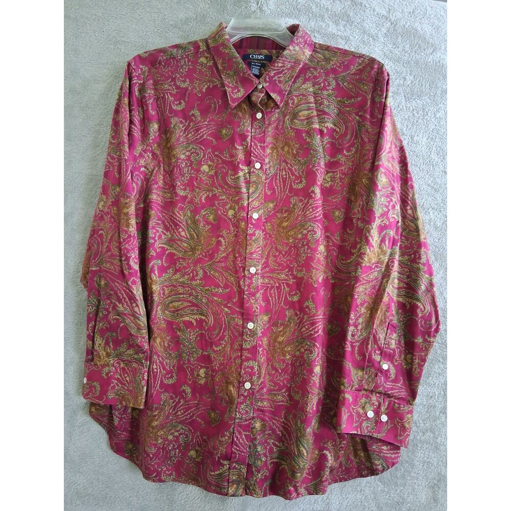 Chaps‎ 3X Petite No Iron Button Down Shirt Long Sleeve Pink Paisley Boho Preppy
